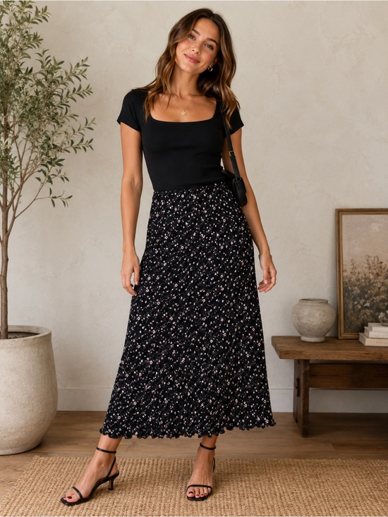 Briggs New York Dresses & Skirts - Briggs New York 9o’s Black Floral Maxi Skirt with Pink & White Ditsy Print